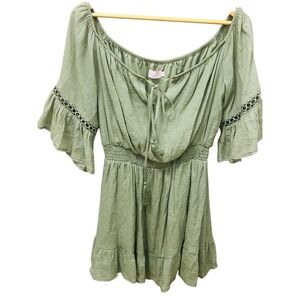 Pink Lily Sage Boho Mini Dress Bell Sleeve Smocked Waist Crochet Trim Tassel L